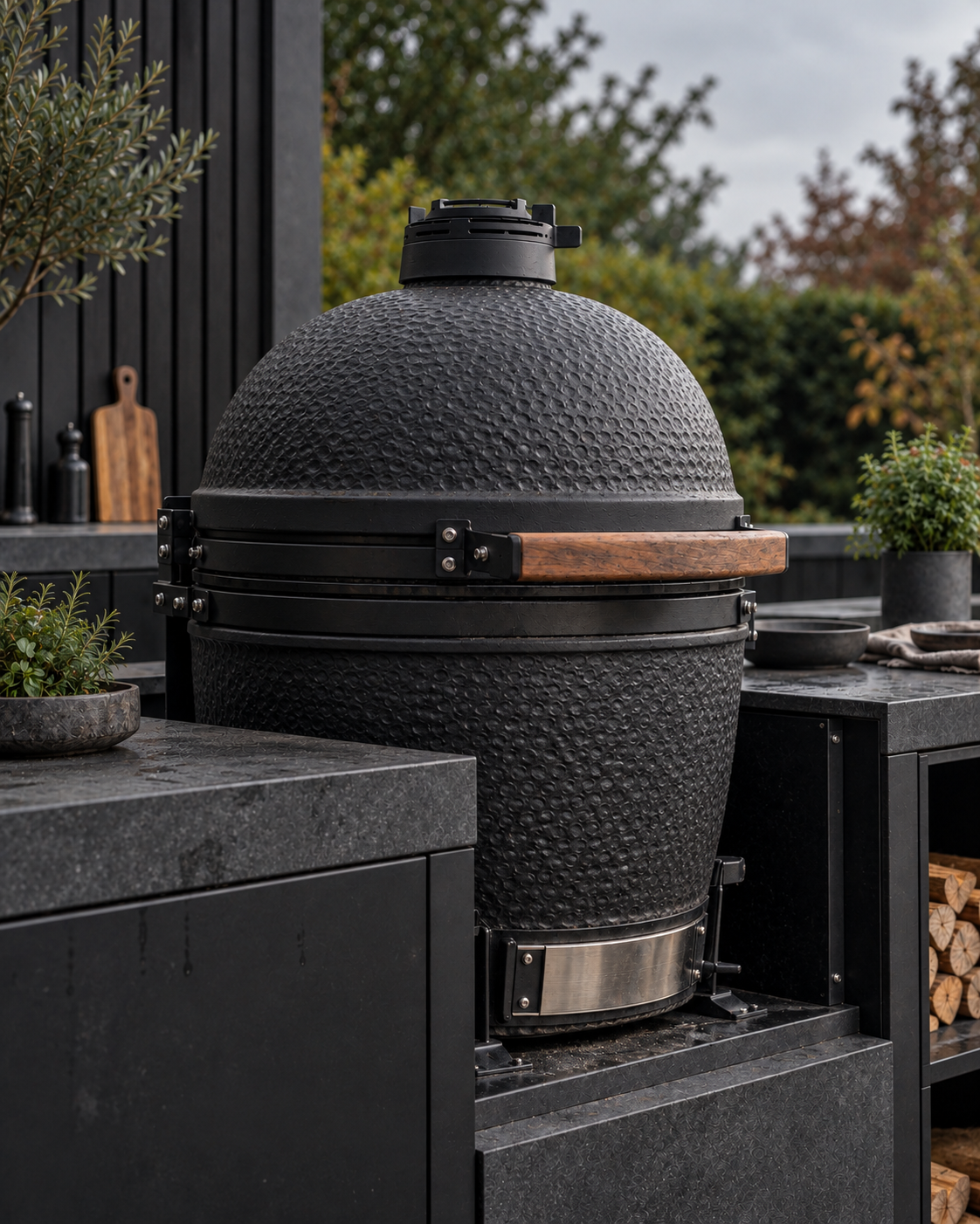 Zwarte kamado in een donkere buitenkeuken bij zacht daglicht